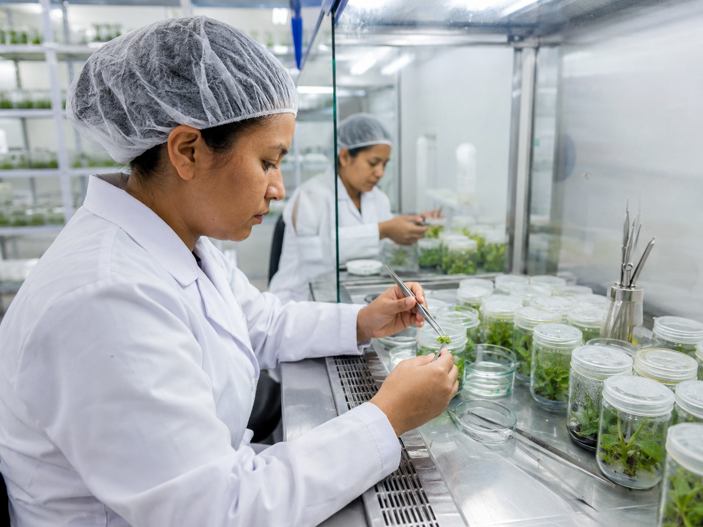 Laboratory technicians transferring plant tissue cultures